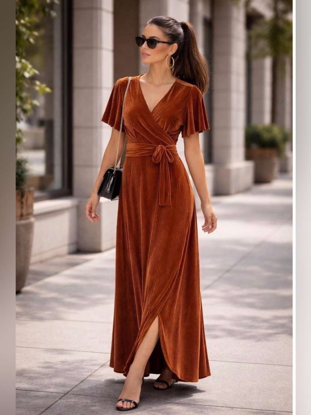 Baltic Born ribbed velvet wrap maxi V-neckline flutter sleeves waist tie Sz M